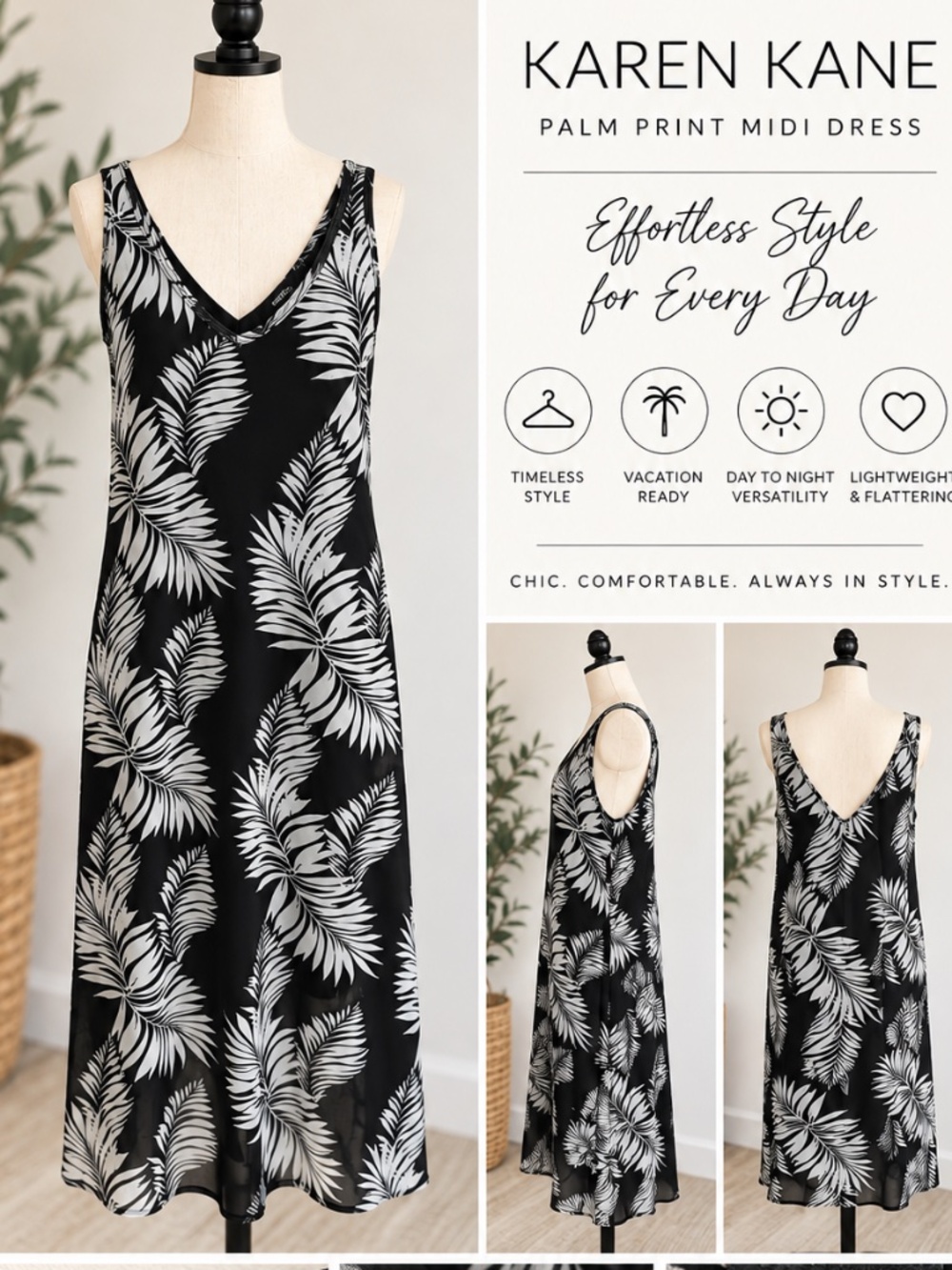 Karen Kane Black & White Palm Print Midi Dress Size L